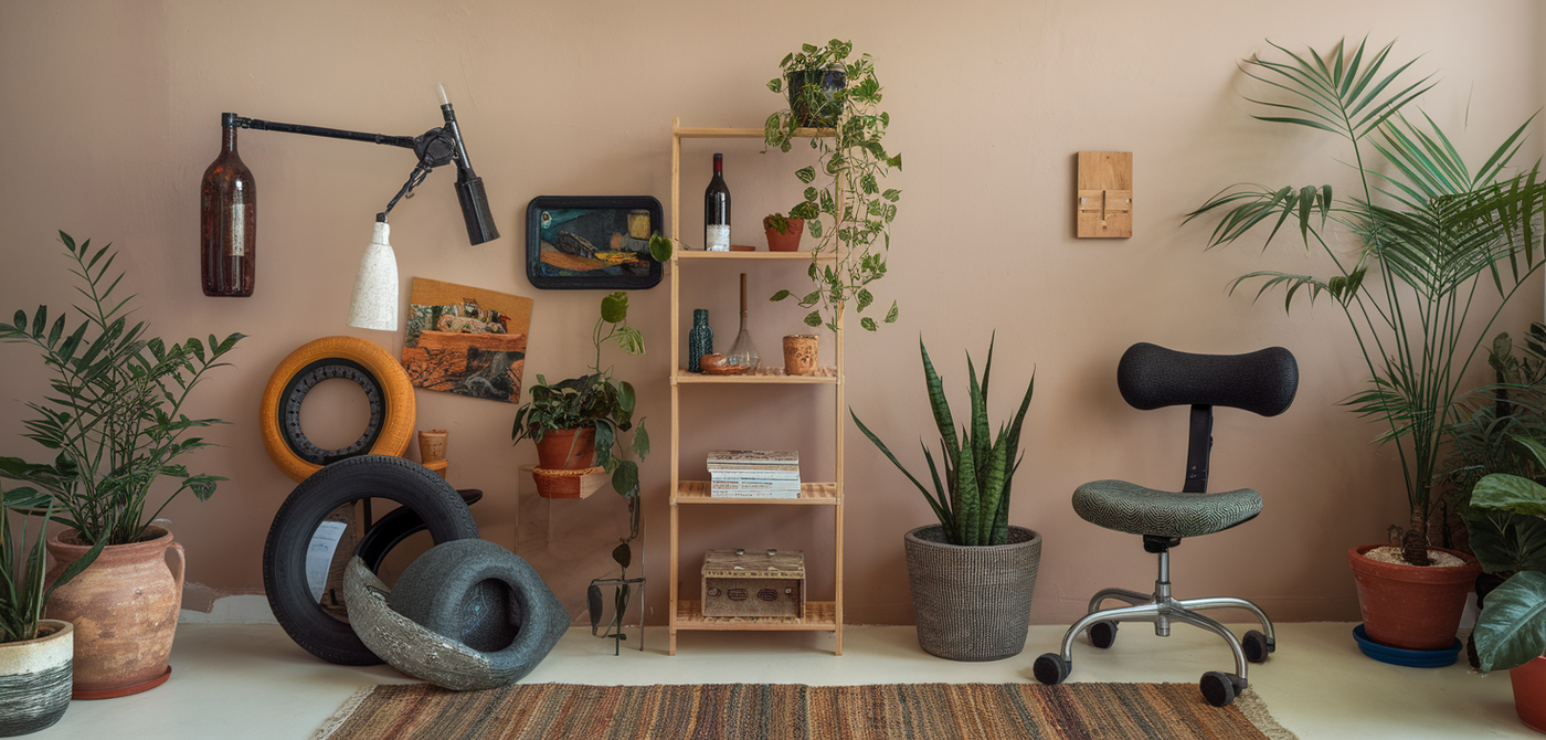 Eclectic sustainable living space with recycled decor