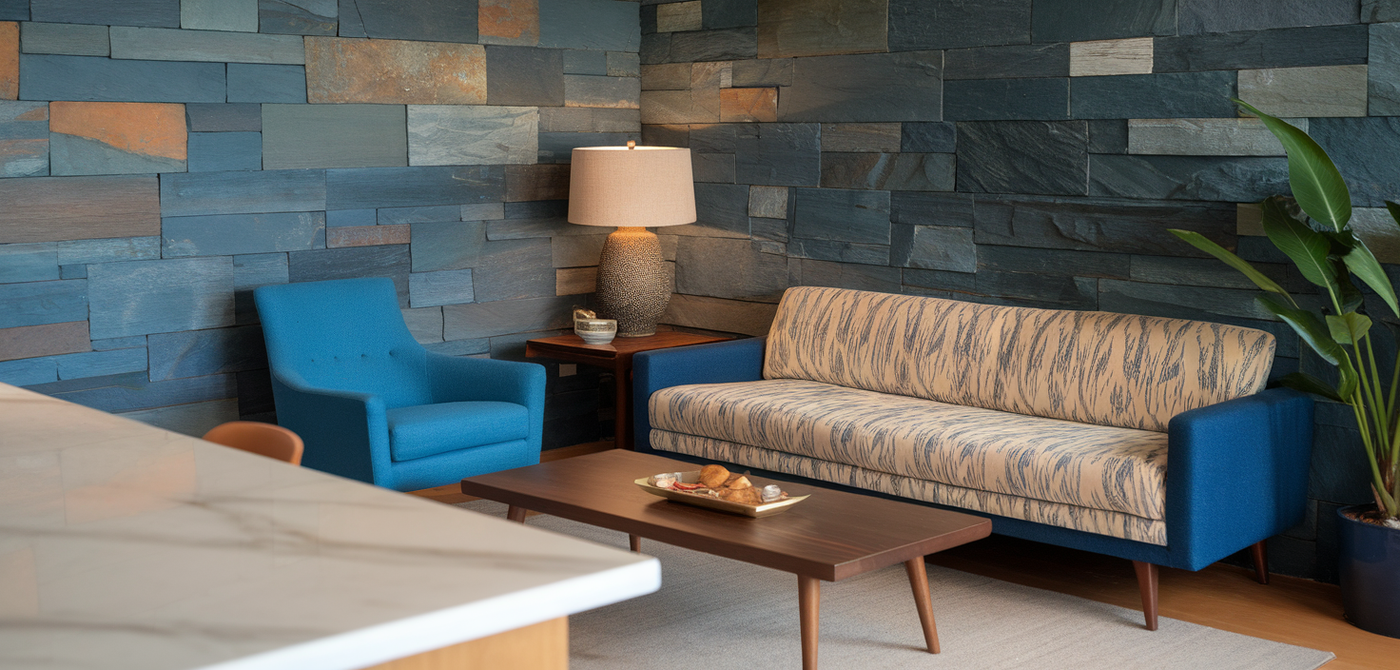 Modern living room with slate wall and marble countertop.