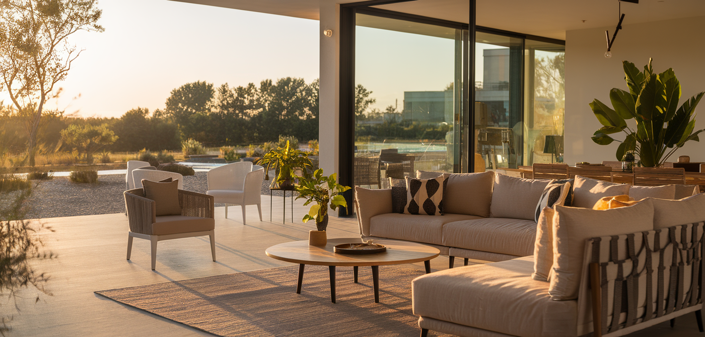 Modern indoor-outdoor living space at golden hour.