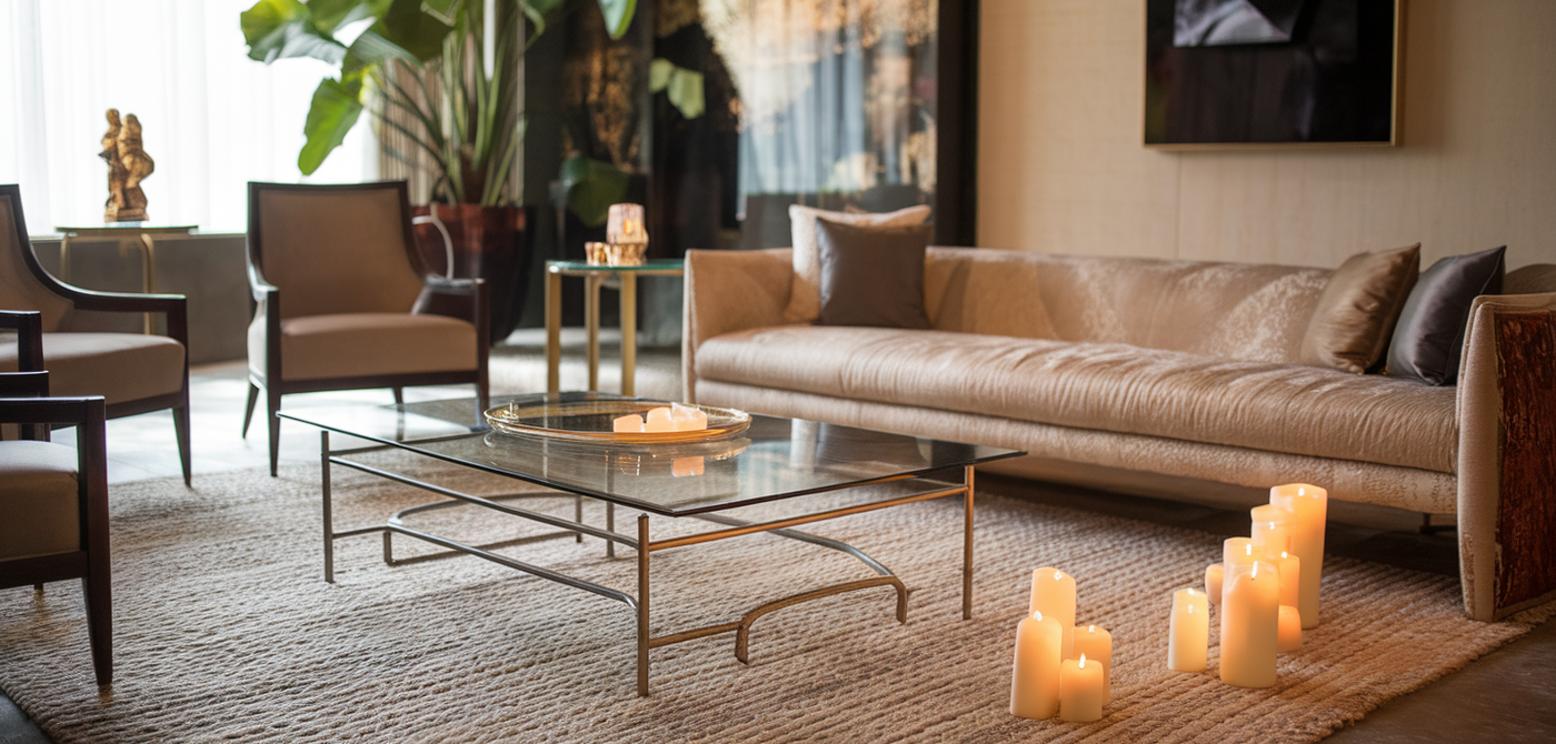 Luxurious living room with candles and textured rug.