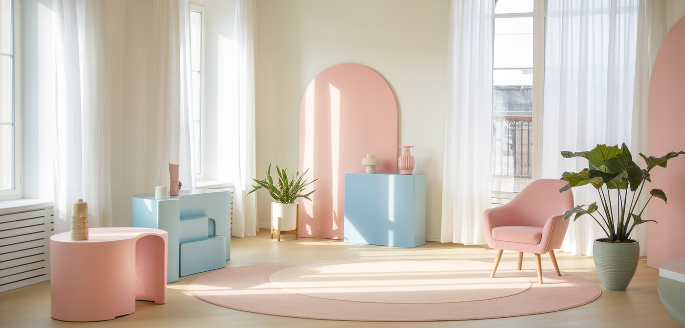 Pastel-accented modern interior with natural light