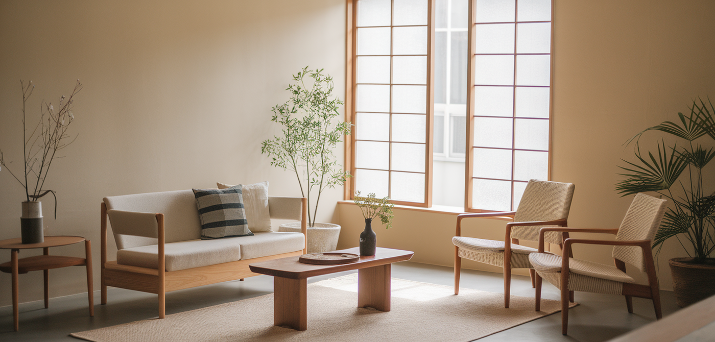 Cozy Japandi living room with serene decor.