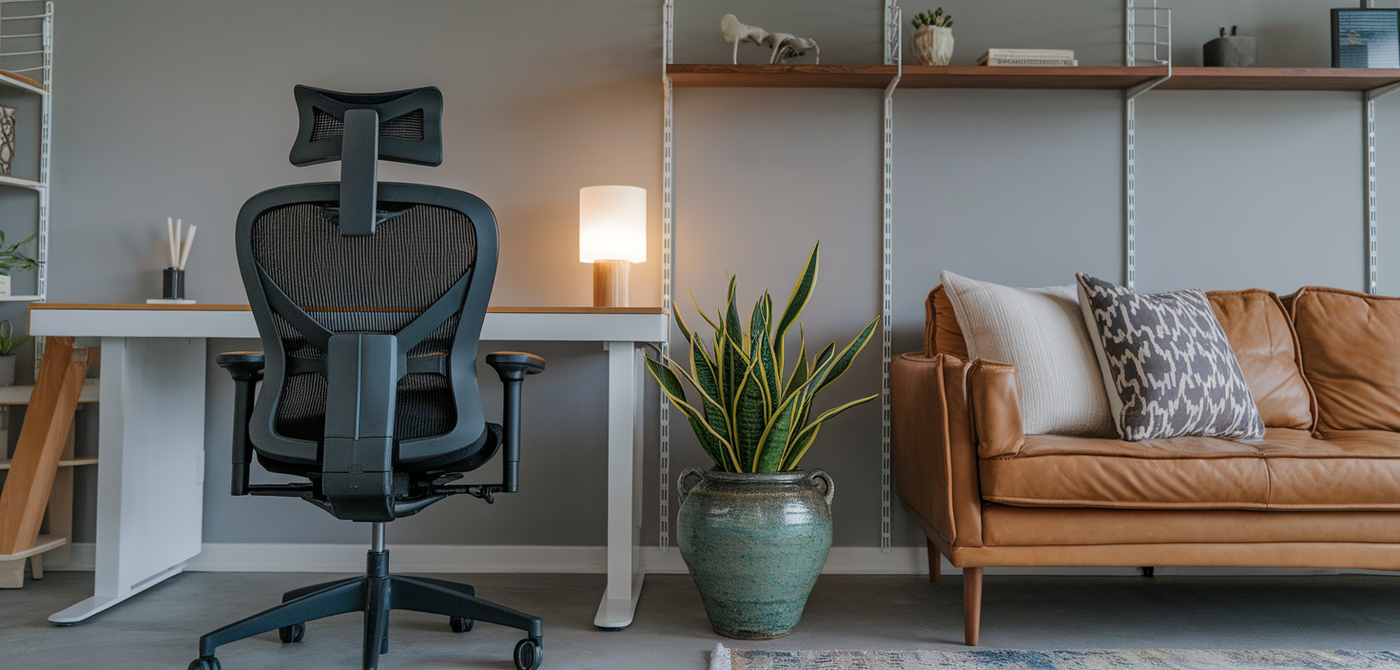 Modern home office with ergonomic chair and cozy sofa