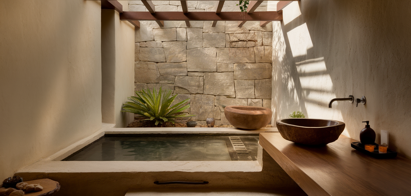 Serene spa bathroom with natural materials and soft lighting.