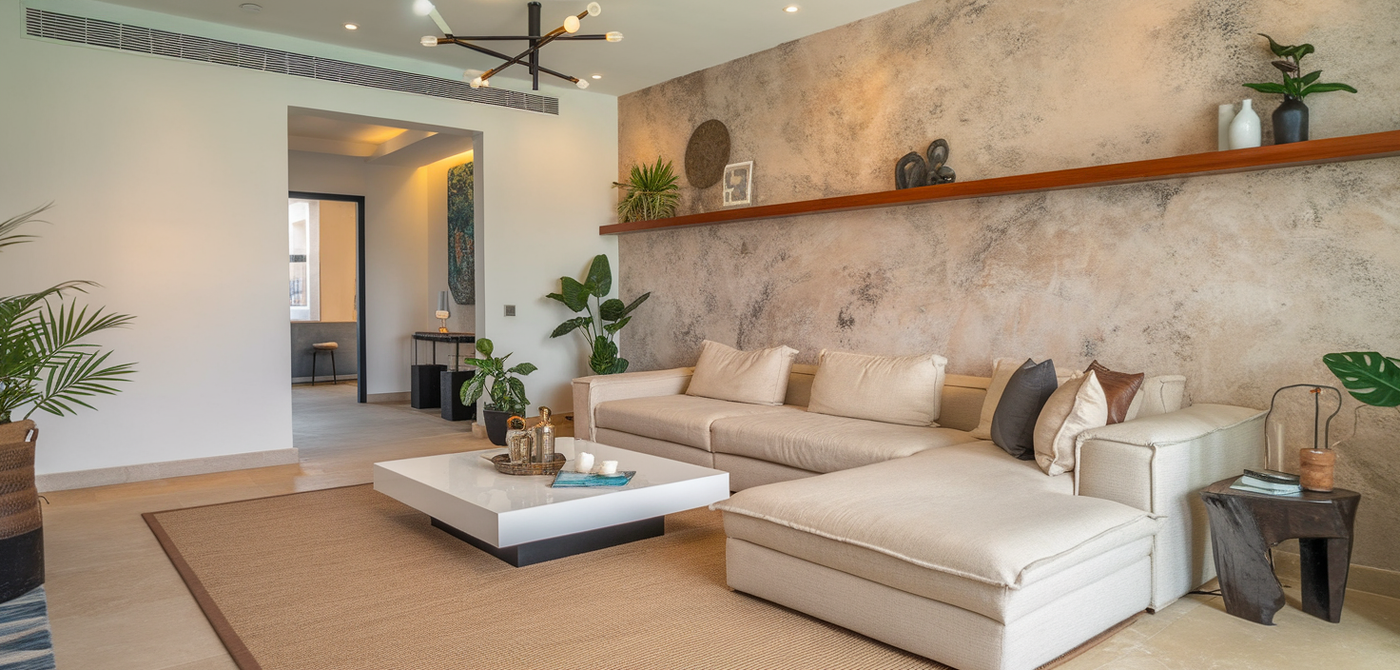 Modern living room with textured accent wall